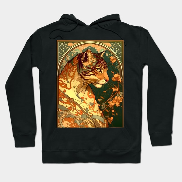 Vintage Art Nouveau Alphonse Mucha Inspired Tiger Design Hoodie by entwithanaxe